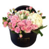 Букет из розовых роз, белые гортензии, Maison des Fleurs, цветы в коробке