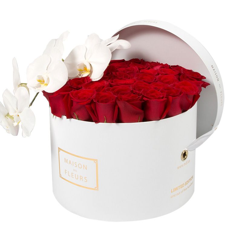Красные розы, белая орхидея, Maison des Fleurs, коробка с цветами