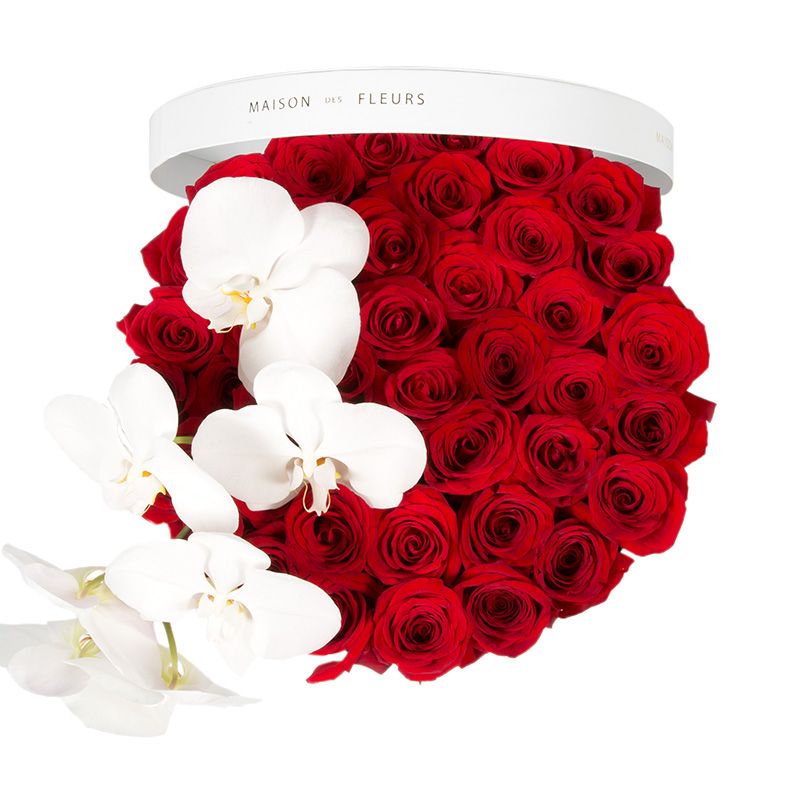 Красные розы, белая орхидея, Maison des Fleurs, коробка с цветами