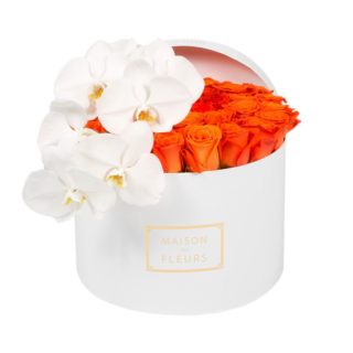 Оранжевые розы, круглая коробка, белая орхидея, Maison des Fleurs