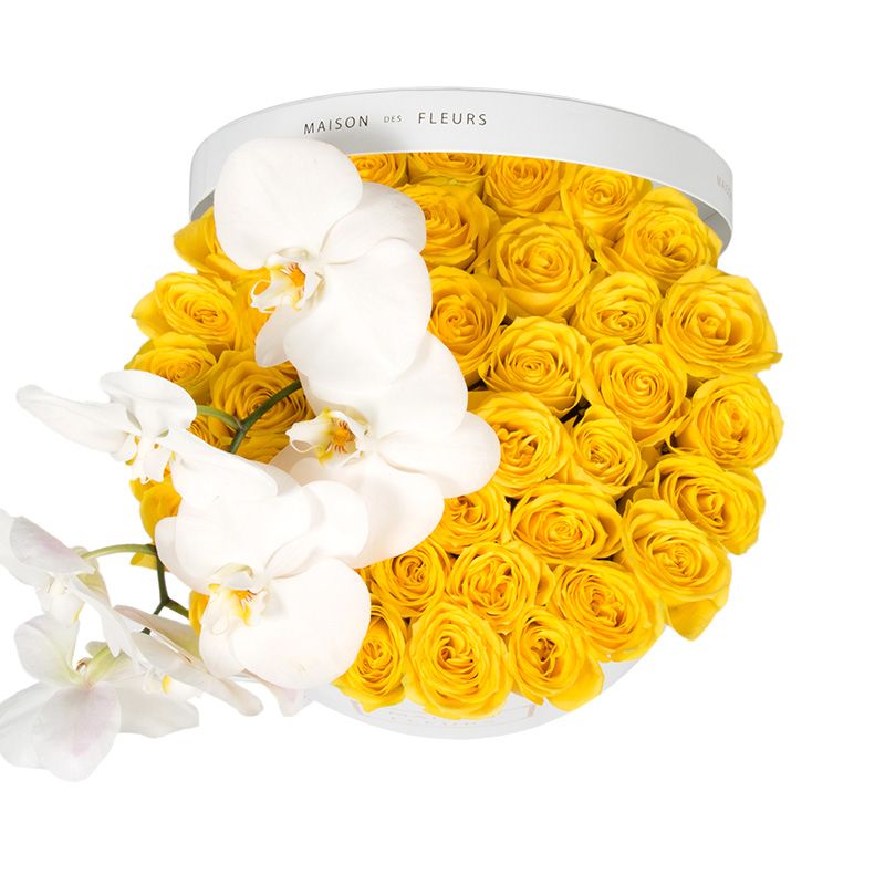 Желтые розы, белые орхидеи, Maison des fleurs