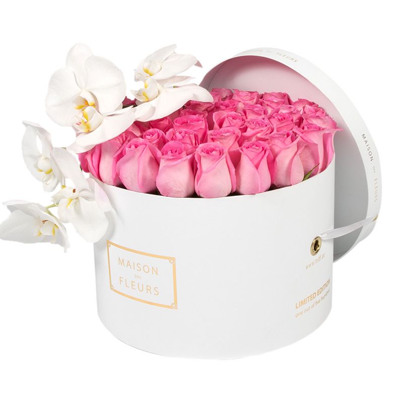 Розовые розы, белая орхидея, Maison des Fleurs, цветы в коробке