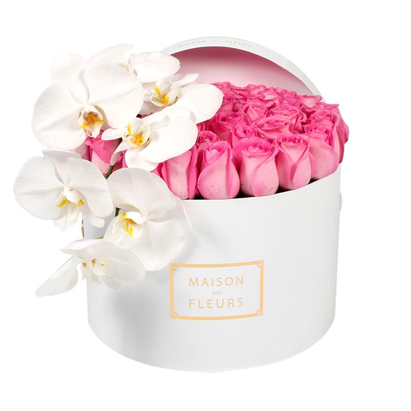 Розовые розы, белая орхидея, Maison des Fleurs, цветы в коробке