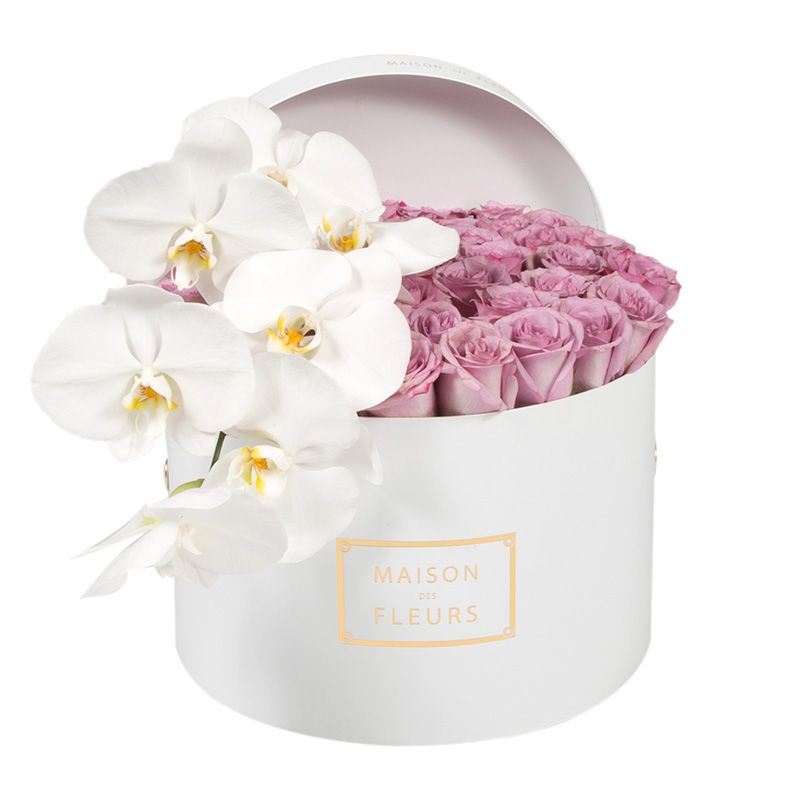 Фиолетовые розы, белые орхидеи, maison des Fleurs, круглая коробка